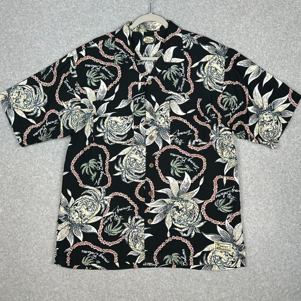 VTG 90s Tommy Bahama Shirt Mens M Black Hawaiian‎ Lotus Loop Collar Wood Buttons